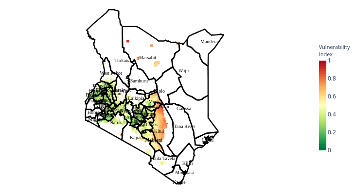 Climate Vulnerability Index map for Kenya showing risk levels by agricultural region